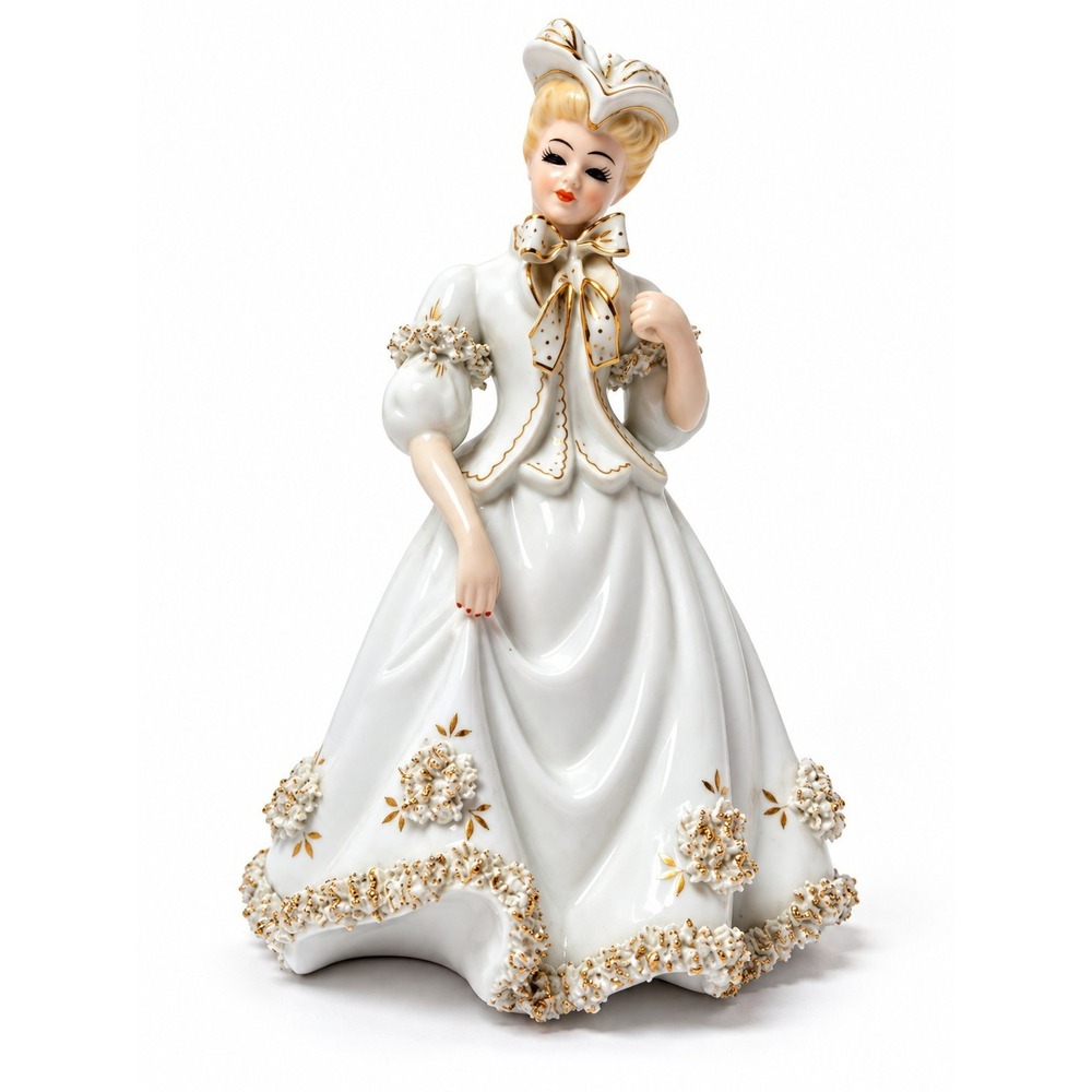 Lefton China K8572-W Victorian Lady Figurine White Gold Spaghetti Trim Vintage